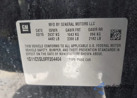 2015 Chevrolet Malibu 1Lt из США, поврежденный, VIN 1G11C5SL6FF264404